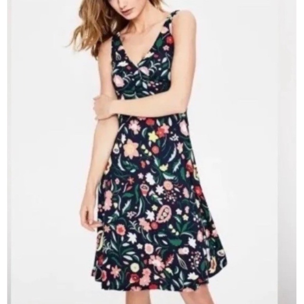 Boden Willa Floral Blue Faux Wrap Jersey Knit Dress Summer US 2P